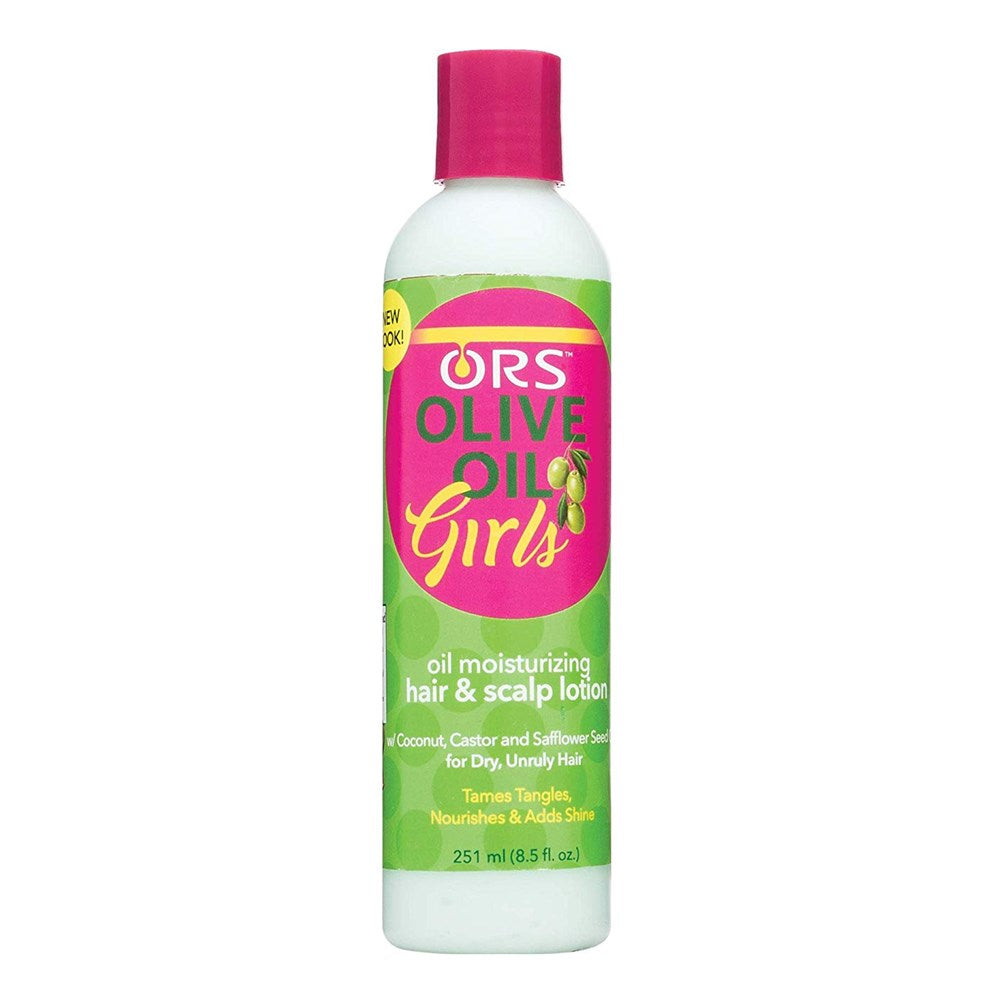 ORS Olive Oil Girls Hair Lotion moisturizing styling hair care product in 8.5 oz bottle with a pump dispenser.