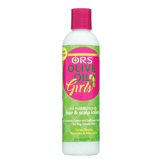 ORS Olive Oil Girls Hair Lotion moisturizing styling hair care product in 8.5 oz bottle with a pump dispenser.