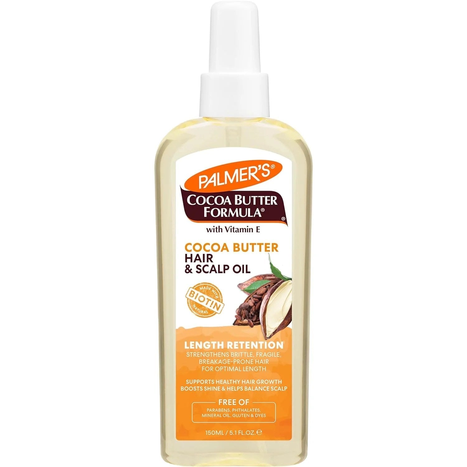 Palmer's Cocoa Butter & Biotin Length Retention Hair and Scalp Oil in 5.1 oz bottle, designed for nourishing hair and scalp health.