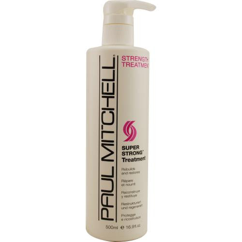 Paul Mitchell Super Strong Treatment for damaged hair, 16.9 oz, in a clear bottle with a pump dispenser, designed for strengthening hair.