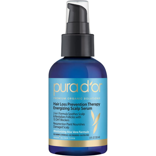 Pura d'or Hair Thinning Therapy Energizing Scalp Serum in 4 fl oz bottle, natural hair care for thinning hair, by Pasteur Pharmacy
