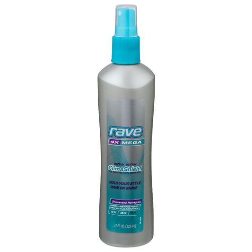 Rave 4X Mega Altitude Super Hold Hairspray in 11 oz bottle, providing 24-hour strong hold for all-day styling.