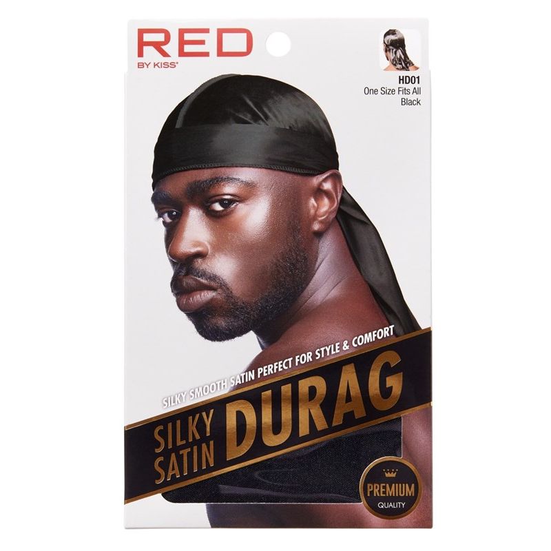 Red By Kiss black silky satin durag with upgraded extra long tails, designed for hair care and stylish head protection.