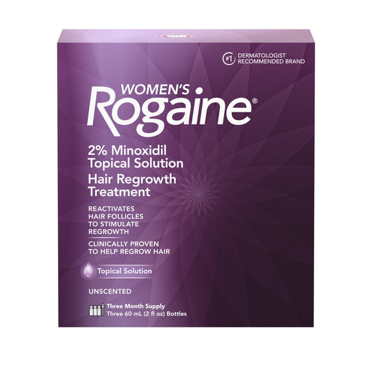 Rogaine Women's Unscented Hair Regrowth Treatment boxes by Pasteur Pharmacy, 3-pack, for women’s hair thinning or hair loss.