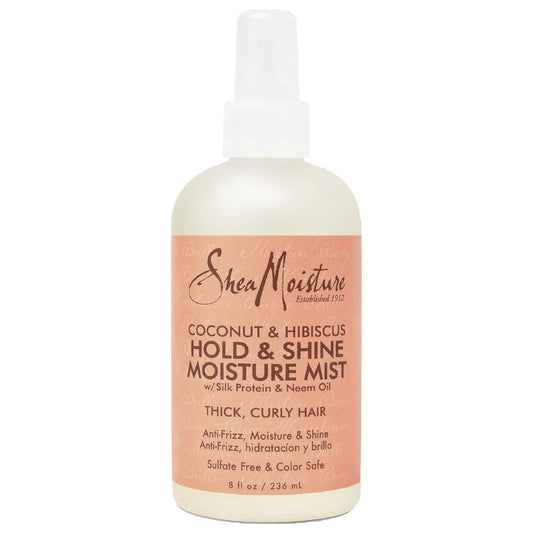 SheaMoisture Coconut & Hibiscus Hold & Shine Mist in 8 oz spray bottle, natural hair care product with coconut and hibiscus ingredients.