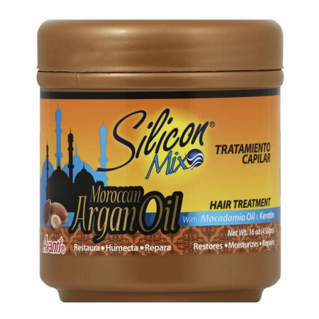 Silicon Mix Moroccan Argan Oil Hair Treatment in a 16 oz bottle, nourishing hair care product with argan oil for healthy hair.