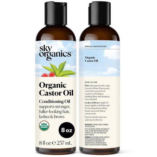 Sky Organics Organic Castor Oil for hair care, 1 fl oz, in a clear glass bottle with a white cap and label.