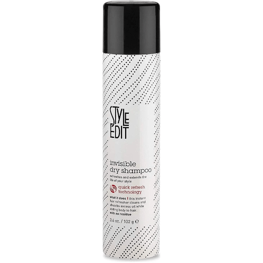 Pasteur Pharmacy Style Edit Invisible Dry Shampoo 3.4 oz bottle showing the hair care product with sleek design and label.