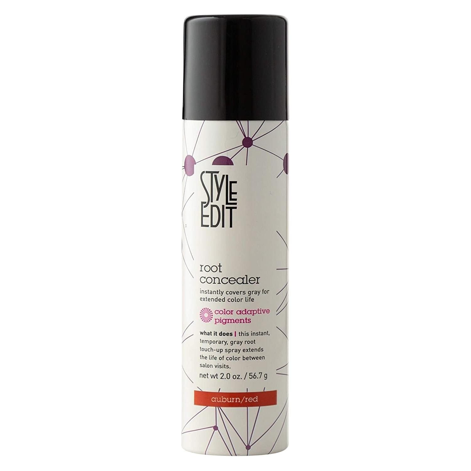 Auburn-Red Root Concealer Spray by Style Edit, 2 oz, hair care product for covering roots, with a spray bottle and product label visible.