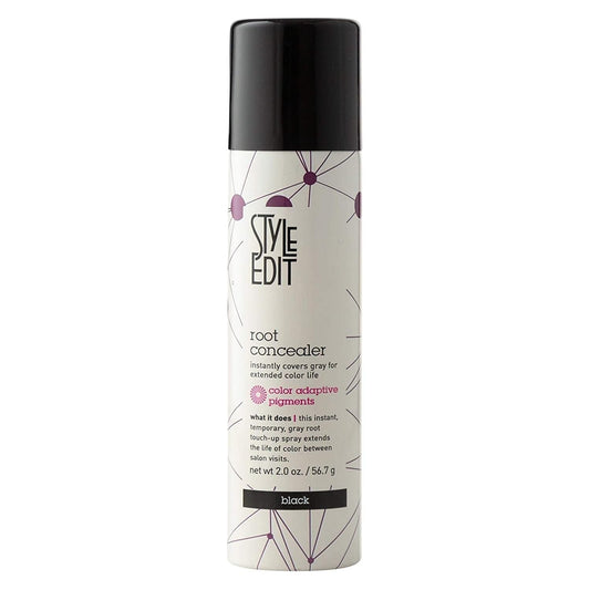 Black Style Edit Root Concealer Spray in 2 oz bottle, hair care product from Pasteur Pharmacy for covering roots.