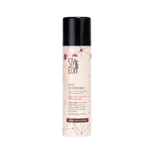 Black-Dark Brown Style Edit Root Concealer Spray by Pasteur Pharmacy, 2oz bottle for quick hair root touch-ups.