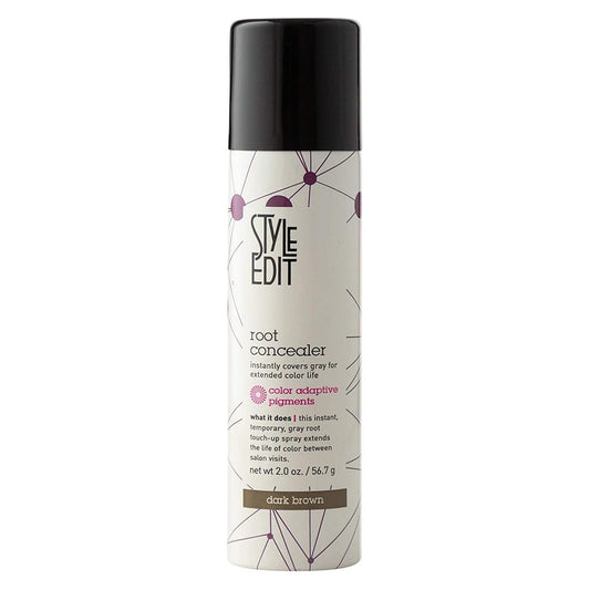 Dark brown Style Edit Root Concealer Spray in 2 oz bottle, hair care product for quick root coverage by Pasteur Pharmacy.