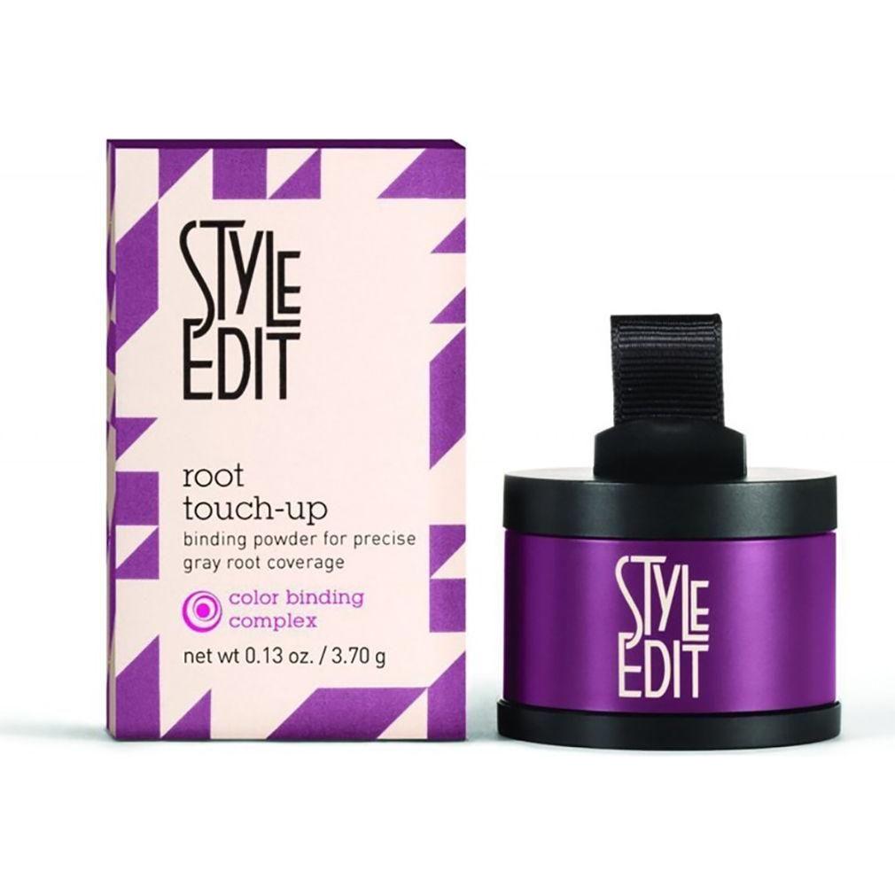 Style Edit Root Touch-Up Binding Powder in light brown and medium blond, 0.13 oz, for natural-looking hair root coverage.