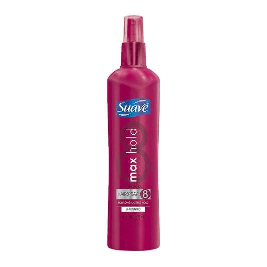 Suave Essentials Max Hold Unscented Non-Aerosol Hair Spray in 11 Fl Oz bottle, designed for strong, long-lasting hold.