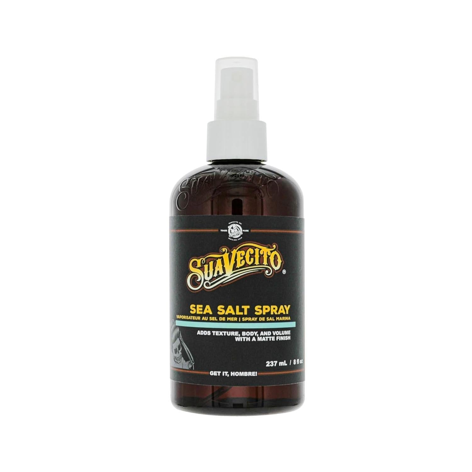 Suavecito Sea Salt Spray in an 8 oz pump bottle for textured, beachy hair, displayed on a plain background.