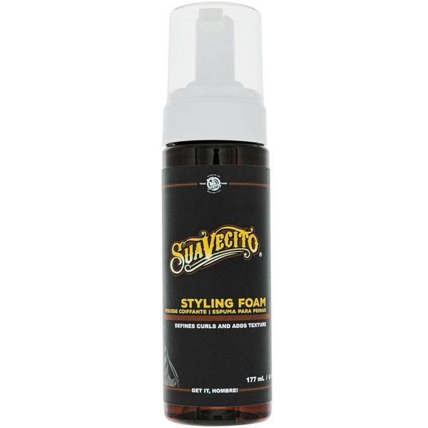 Suavecito Styling Foam 6 oz for hair styling, shown in a clear bottle with a pump dispenser, ideal for creating textured hair looks.
