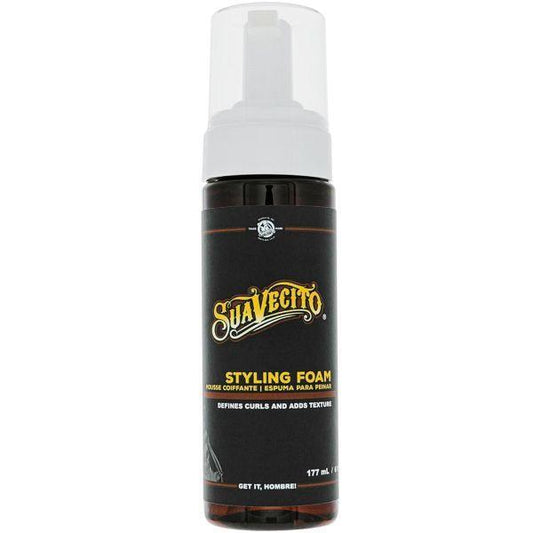 Suavecito Styling Foam 6 oz for hair styling, shown in a clear bottle with a pump dispenser, ideal for creating textured hair looks.
