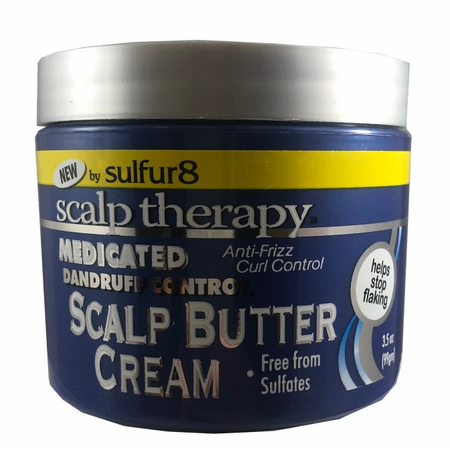 Sulfur 8 Medicated Dandruff Control Scalp Butter Cream in 3.5 oz jar, hair care product for dandruff relief and scalp soothing.