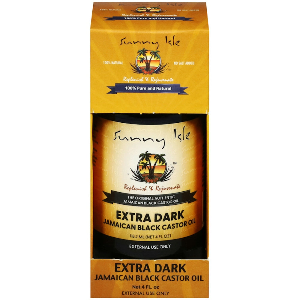Sunny Isle Extra Dark Jamaican Black Castor Oil bottle for hair care, 4 fl oz, shown in a natural product display.
