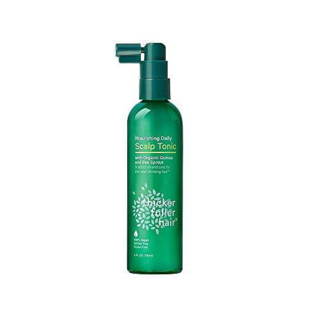 Green bottle of Thicker Fuller Hair Nourishing Daily Scalp Tonic by Pasteur Pharmacy, 4 fl oz, for hair care and scalp health.