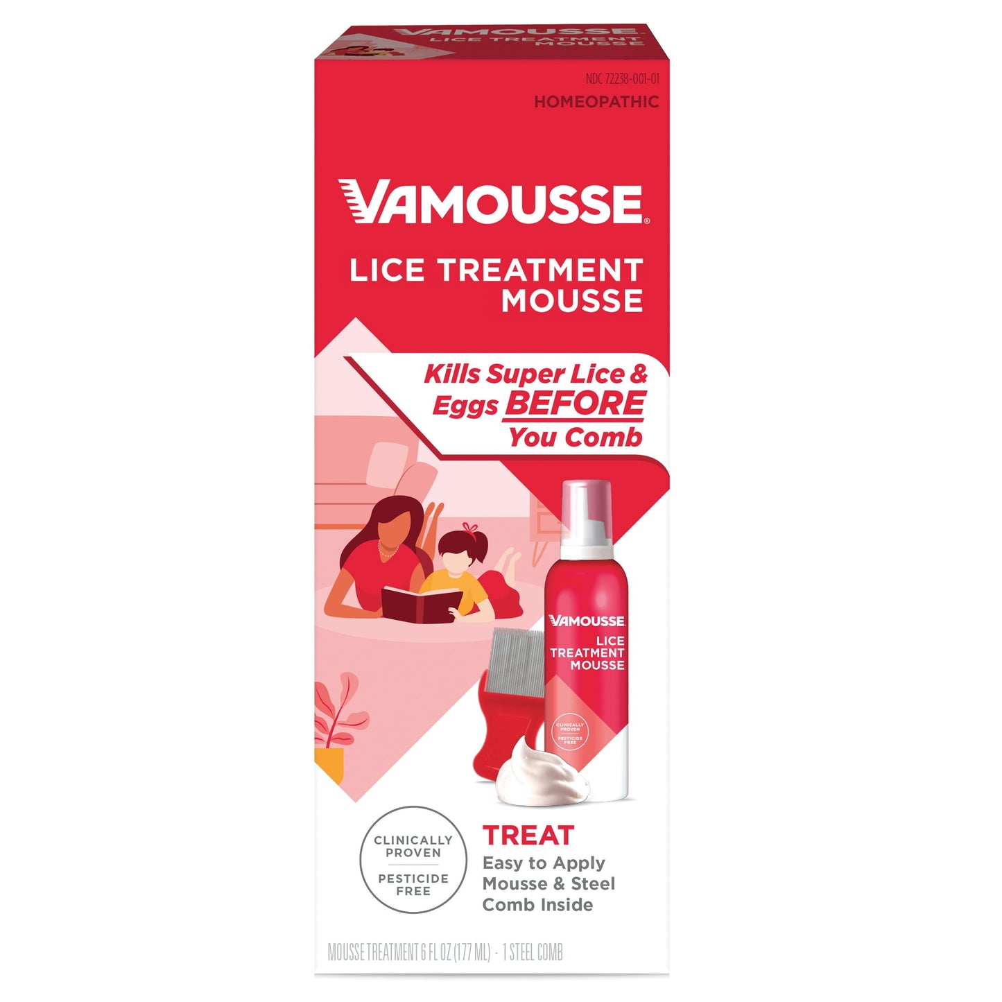 Vamousse Head Lice Treatment mousse in a 6 oz bottle, easy application for effective lice removal, from Pasteur Pharmacy hair care line.