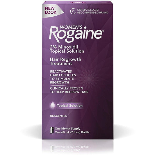 Women’s Rogaine 2% Minoxidil topical solution for hair regrowth, 1-month supply, in a bottle with applicator brush.