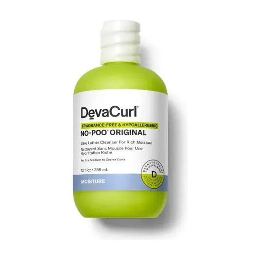 DevaCurl fragrance-free and hypoallergenic No-Poo original 12 oz hair cleanser in a white bottle with a pump dispenser