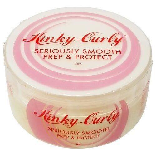 Kinky Curly Seriously Smooth Prep & Protect hair care product by Pasteur Pharmacy, 3 oz bottle for smoothing and protecting hair.