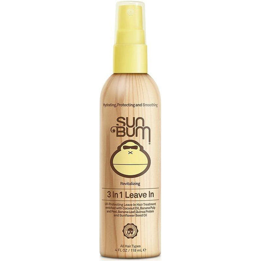 Sun Bum 3-in-1 Leave-In Hair Care Product in 4oz bottle, designed to hydrate, detangle, and protect hair.
