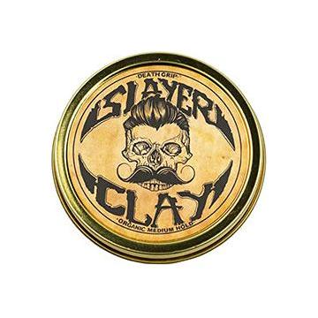 Pasteur Pharmacy Death Grip Slayer Organic Hair Clay in 2 oz container, showing the product jar with label and medium hold styling clay.