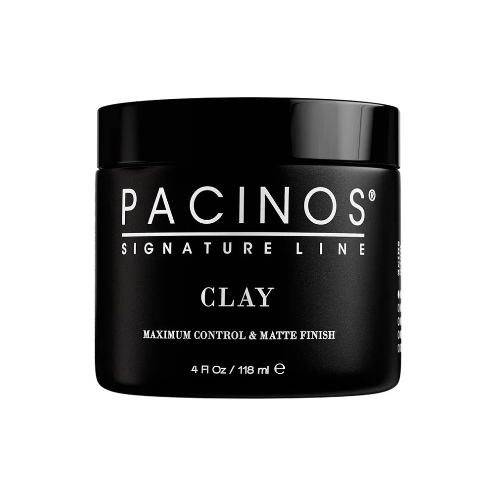 Pacinos Signature Line Hair Clay with maximum control and matte finish, 4 oz jar for styling and texturing hair.