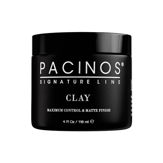 Pacinos Signature Line Hair Clay with maximum control and matte finish, 4 oz jar for styling and texturing hair.