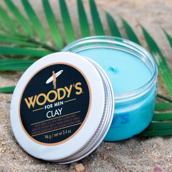 Woody's ForMen Matte Finish Hair Clay in a 3.4 oz jar, styled hair with a matte texture, product from Pasteur Pharmacy.