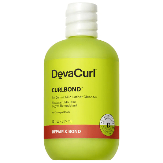 DevaCurl CurlBond Re-Coiling Mild Lather Cleanser in 12 oz bottle, gentle hair cleanser for curly hair care