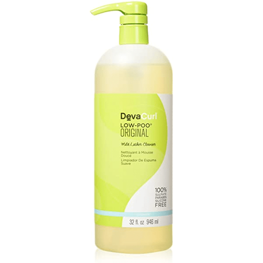 DevaCurl Low-Poo Daily Hair Cleanser bottle, 32 oz, for gentle, daily hair cleansing in a clear plastic pump bottle