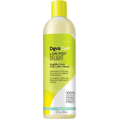 DevaCurl Low-Poo Delight Hair Cleanser 12 oz bottle with pump for gentle cleansing and hair refreshment