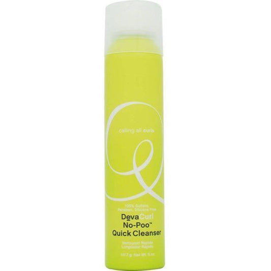 DevaCurl No-Poo QuickCleanser 5 oz hair cleanser in a clear bottle with a pump, designed for gentle scalp and hair cleansing.