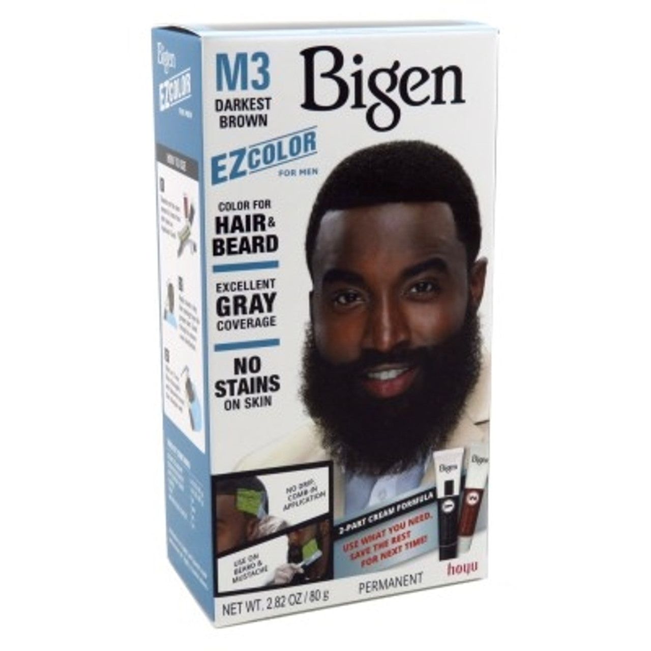 Bigen EZ Color for Men Darkest Brown hair color kit, includes applicator and color cream for at-home hair coloring.