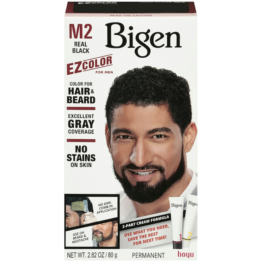 Bigen Ez Color for Men M2 Real Black hair color kit by Pasteur Pharmacy, featuring hair dye bottles and application tools.
