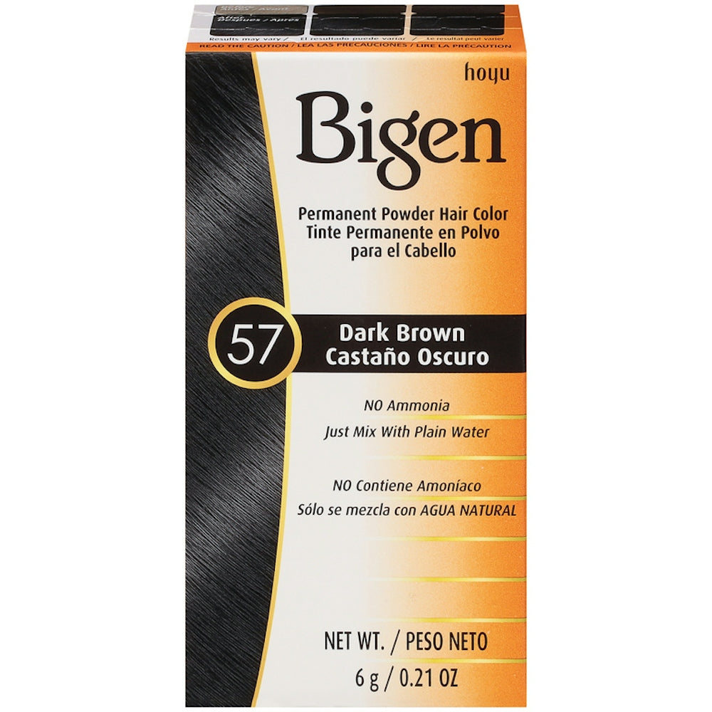 Bigen Permanent Powder Hair Color in 57 Dark Brown, a hair color product from Pasteur Pharmacy, displayed in its packaging.