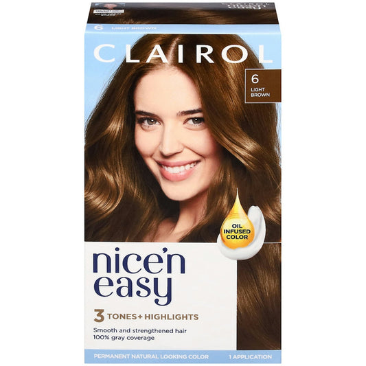 Clairol Nice 'N Easy 6 Light Brown permanent hair color box with hair color swatch and brand logo.