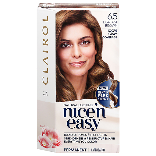 Clairol Nice’n Easy permanent hair color in Lightest Brown 6.5, showcasing the product box with color swatch and branding.