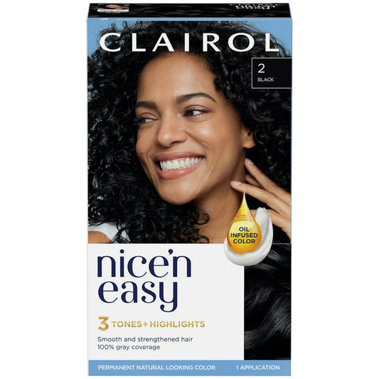 Clairol Nice 'N Easy permanent hair color in shade 2 Black, showcasing the hair color box and product packaging.