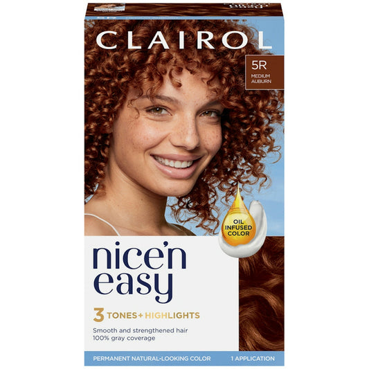 Clairol Nice 'N Easy permanent hair color in 5R Medium Auburn, showing the hair color tube and packaging for natural hair coloring.