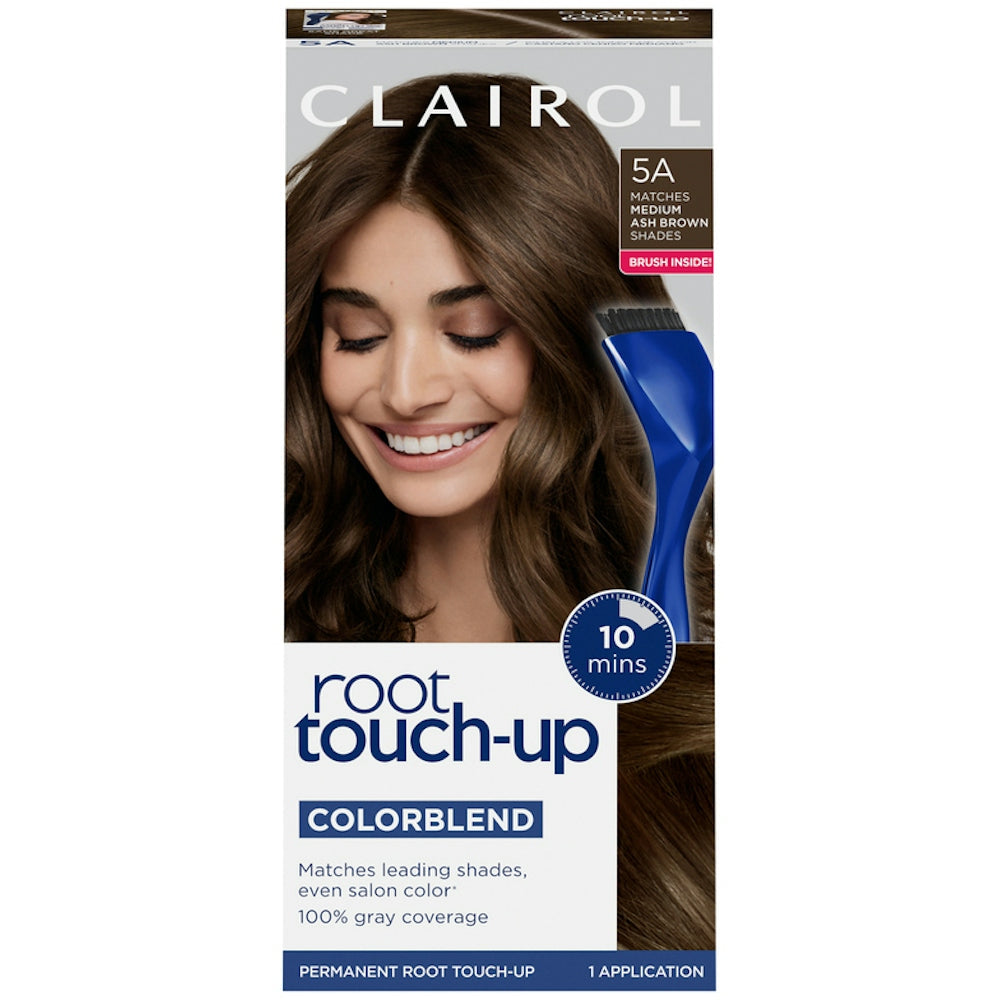 Clairol Nice 'n Easy Root Touch-Up kit in 5A Medium Ash Brown with hair color applicator and touch-up tools.