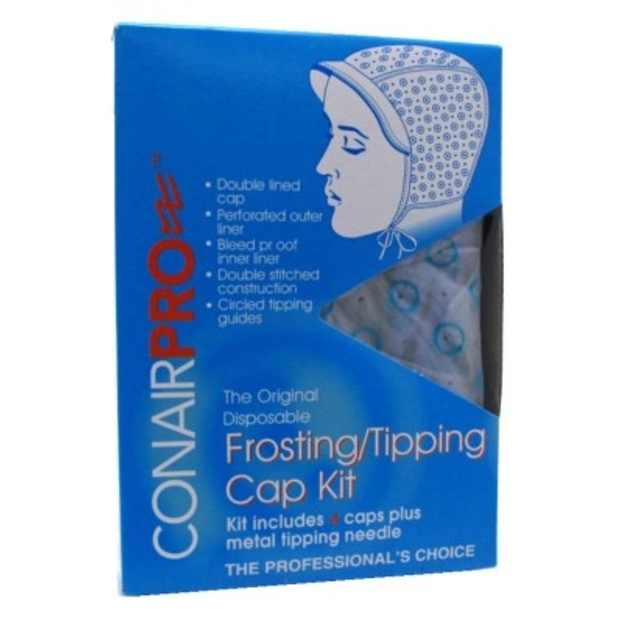 Conair Pro disposable frosting and tipping cap kit for hair color application, featuring caps and tools for precise hair highlighting.
