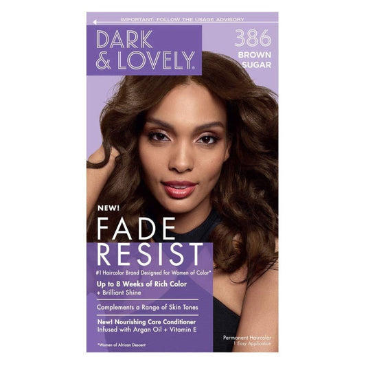 Dark and Lovely Fade Resist Hair Color in Brown Sugar 386, showing the creamy hair dye tube with rich brown shade