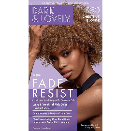 Dark and Lovely Fade Resist Hair Color in Chestnut Blonde 380, showing the creamy hair dye tube with packaging and color swatch.