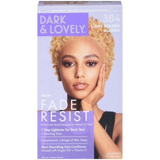 Dark and Lovely Fade Resist Hair Color in Light Golden Blonde 384, showing the creamy hair dye formula and packaging.