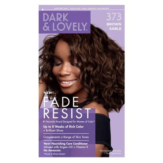 Dark and Lovely Fade Resist Permanent Hair Color in shade 373 Brown Sable, showing the rich, deep brown hair color result.